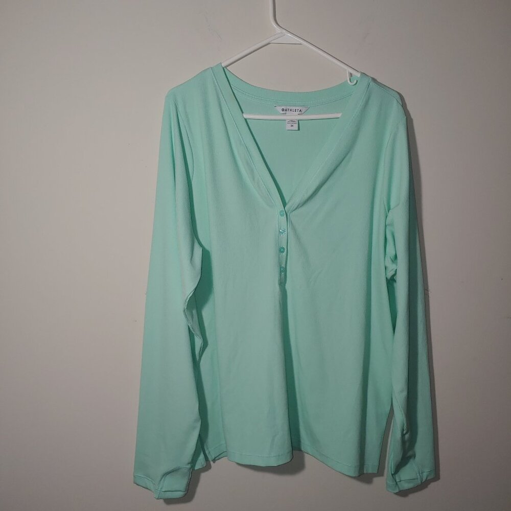 Athleta Ribbed Henley Top Long Sleeves Pullover Size 3X Aqua  Green